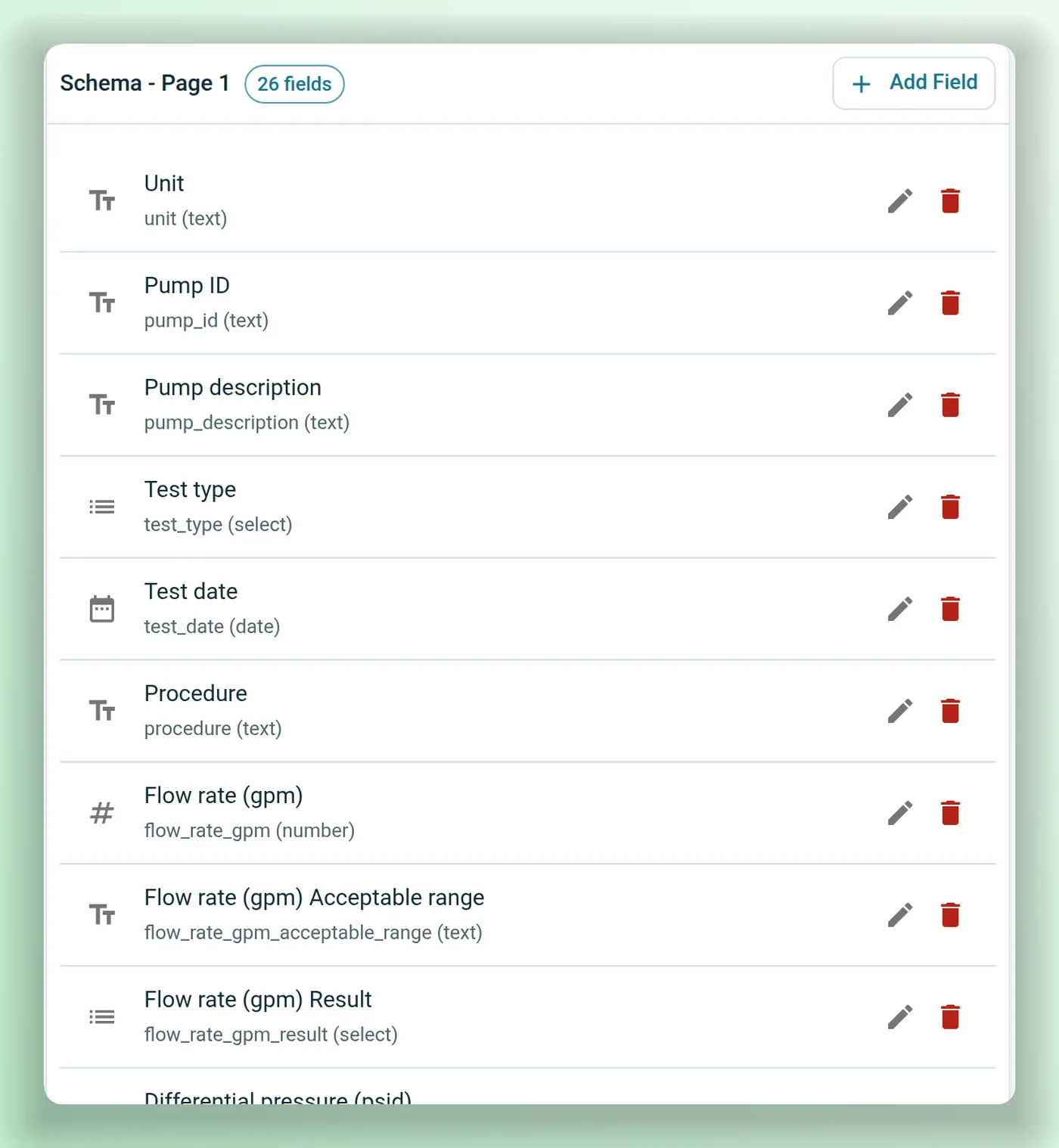 A form template's schema: twenty-six fields drafted from a blank demo pump inservice test data sheet, each with its name and type.