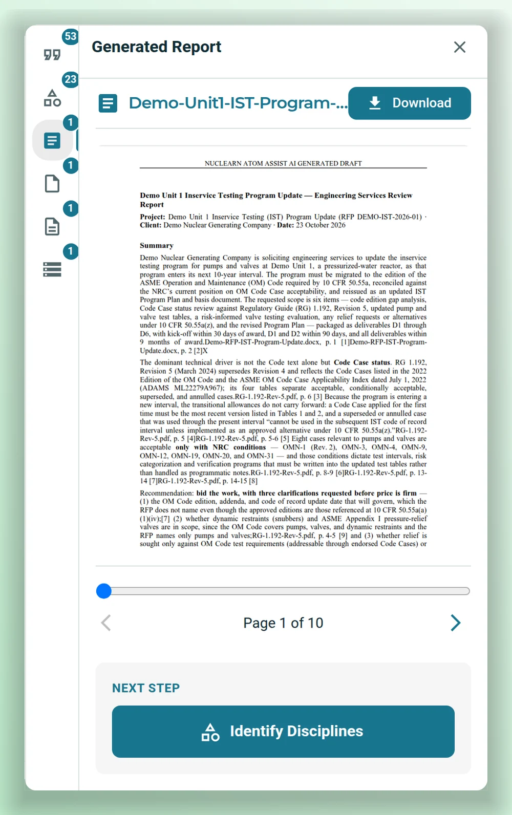 The Generated Report panel: page one of ten of a draft engineering services review report for a demo inservice testing program update, with numbered citations to the request and to RG 1.192 Revision 5, a Download button, and Identify Disciplines as the next step.